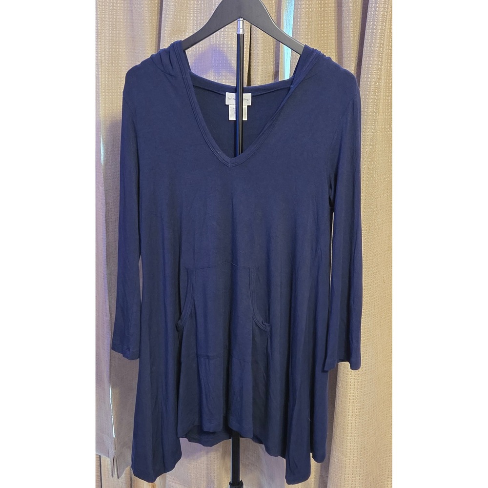 Soft Surroundings V-Neck Pullover Hooded Tunic Shirt Women's Size Small‎ Navy